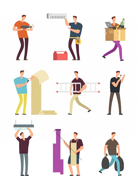 Homme dans les activités ménagères. réparation dans l'appartement diverses situations vectorielles jeu de caractères de dessin animé Vecteur Premium
