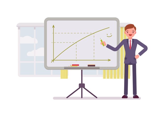 L'homme a dessiné un graphique positif sur le tableau blanc Vecteur Premium