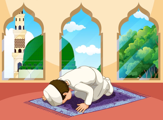 Un homme musulman prie à la mosquée Vecteur Premium