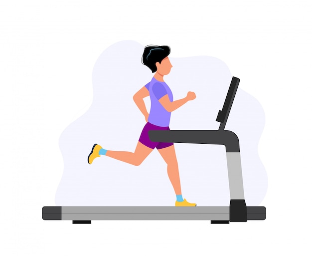 Homme qui court sur le tapis roulant, illustration de la notion de sport, exercice, mode de vie sain, activité cardio. Vecteur Premium