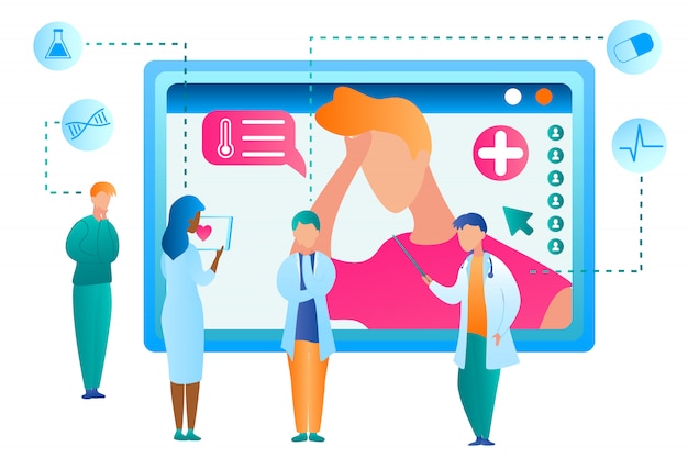 Homme de vecteur à la recherche d'une assistance médicale auprès du médecin. un médecin de groupe illustration plate utilisant une tablette en ligne informe le patient du traitement. détermination diagnostic maladie. médecine de santé moderne Vecteur Premium