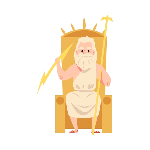 Homme Ou Zeus Dieu Grec Est Assis Sur Le Trone Tenant Le Personnel Et Le Style De Dessin Anime De Foudre Vecteur Premium