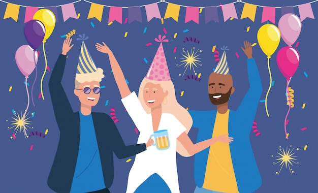 Hommes et femme dansant avec décoration de confettis Vecteur gratuit