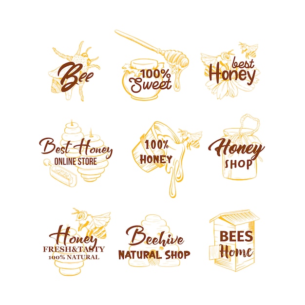 Honey sketches logos set, bee hive, honey jar, baril, pot, cuillère et dessins à la main Vecteur gratuit