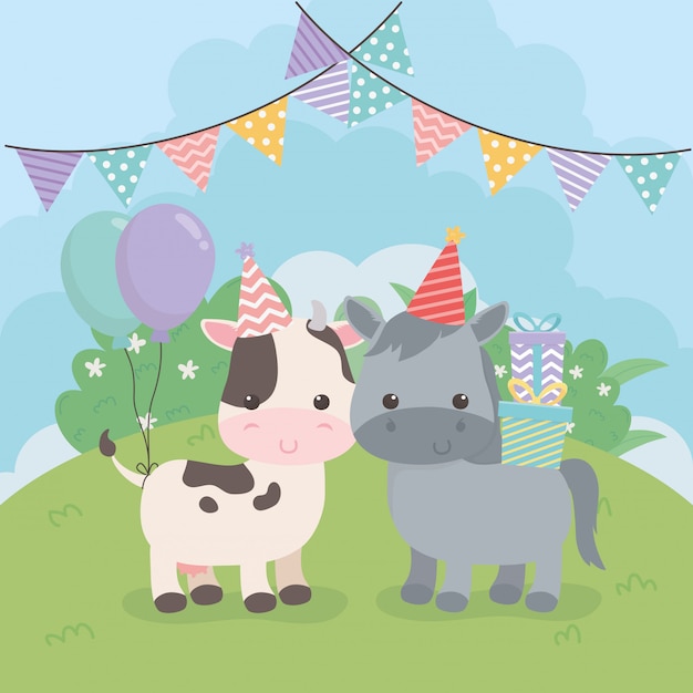 Hors Mignon Et Vache En Scene De Fete D Anniversaire Vecteur Premium