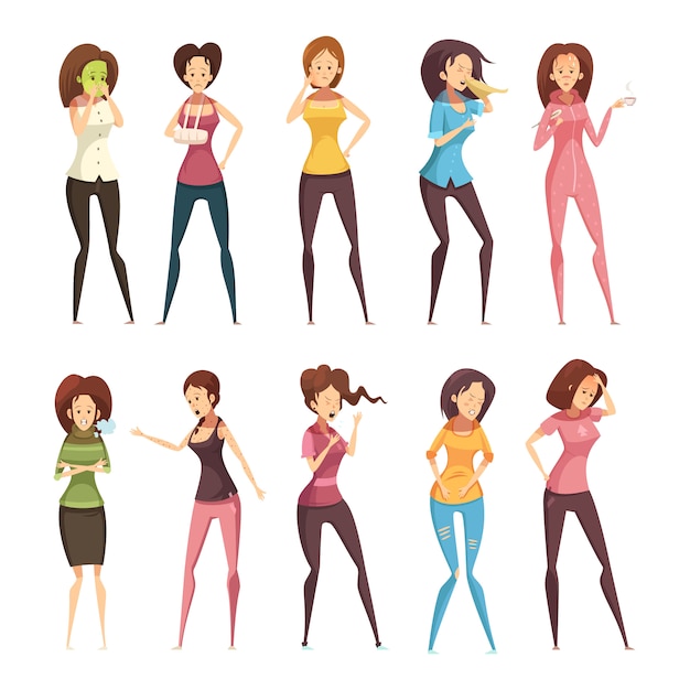 Icône de dessin animé rétro femme maladie coloré et isolé sertie d'illustration vectorielle femmes différentes Vecteur gratuit
