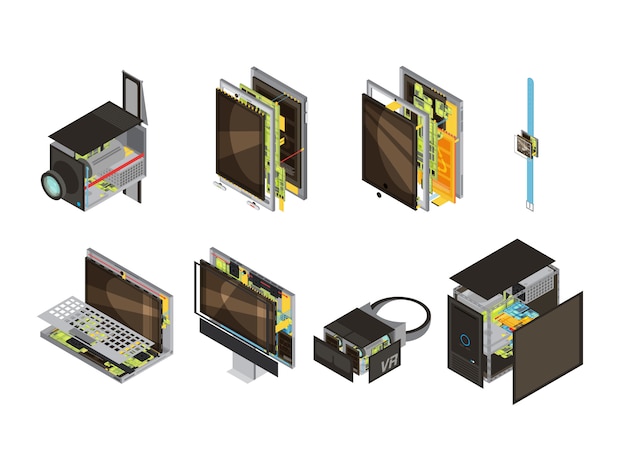 Icône isométrique de régime de gadgets colorés sertie de pièces de réserve d'ordinateur et illustration vectorielle de microcircuit Vecteur gratuit