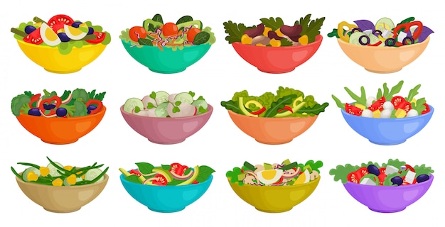 Icone De Jeu De Dessin Anime Isole De Salade De Legumes Cartoon Set Icone Bol Laitue Vecteur Premium