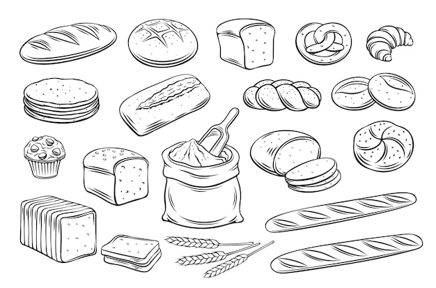 Icones De Contour De Pain Dessin De Seigle Pain De Ble Entier Et De Ble Bretzel Muffin Pita Ciabatta Croissant Bagel Pain Grille Baguette Francaise Pour La Boulangerie De Menu Design