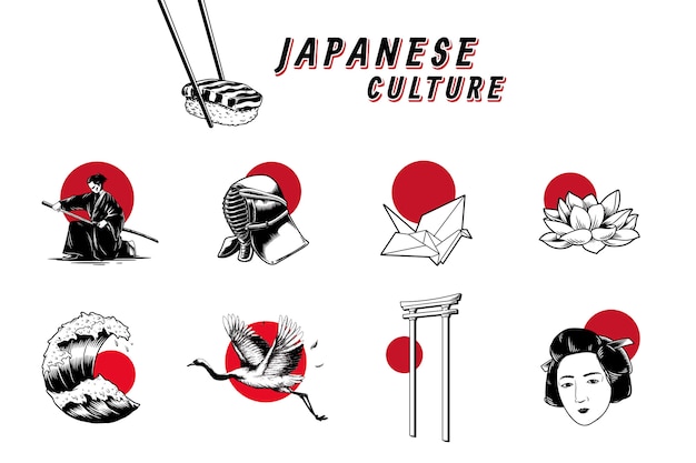 Icônes culturelles japonaises célèbres Vecteur gratuit