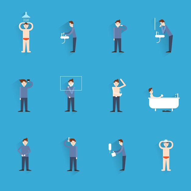 Icônes d'hygiène ensemble avec figures de gens laver le corps nettoyage illustration vectorielle isolé Vecteur Premium