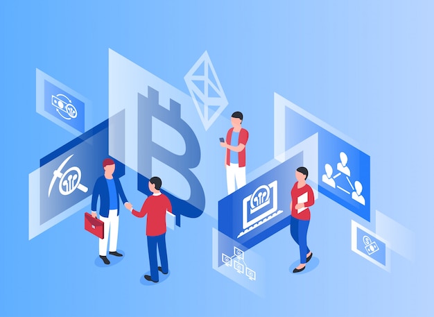 Icônes isométriques de technologie de crypto-monnaie bitcoin Vecteur Premium