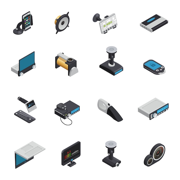 Icônes isométriques de voiture électronique avec pompe électrique gps système d'alarme navigateur gadgets intelligents radio et dvd Vecteur gratuit