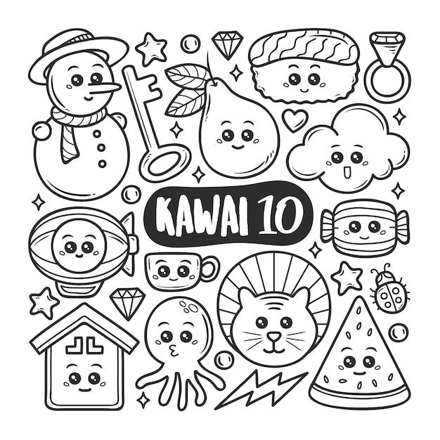 Ic nes Kawaii Doodle  Dessin  Main Coloriage  Vecteur Premium