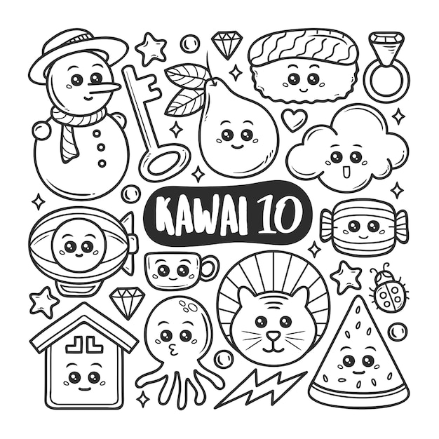 Ic nes Kawaii  Doodle  Dessin  Main Coloriage  Vecteur Premium