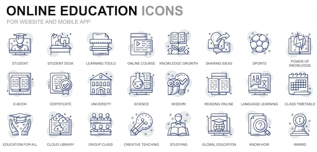 Icônes de ligne de formation et de connaissances de jeu simple pour site web et applications mobiles Vecteur Premium