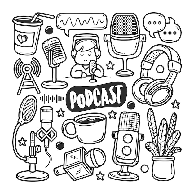 Icônes De Podcast Doodle Dessiné à La Main à Colorier Vecteur Premium