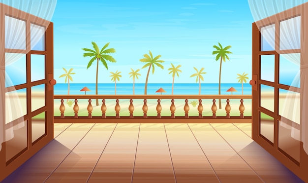 Ile Tropicale Panoramique Avec Portes Ouvertes Palmiers Mer Et Plage Sortie Sur La Terrasse Avec Vue Sur Les Iles Tropicales Illustration En Style Cartoon Vecteur Premium