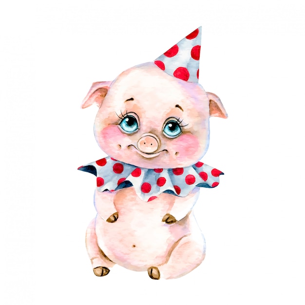 Illustration Aquarelle Dessin Anime Mignon D Un Cochon D Anniversaire Sur Fond Blanc Vecteur Premium