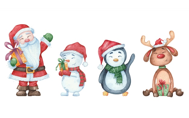 Illustration Aquarelle Avec Le Pere Noel Bonhomme De Neige Pingouin Cerf Pour La Conception De Cartes De Noel Sur Blanc Isole Vecteur Premium