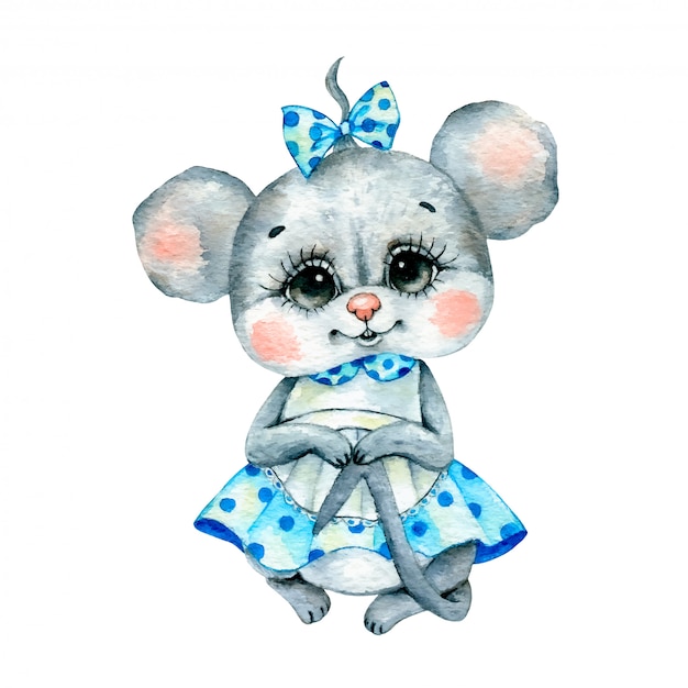 Illustration Aquarelle D Une Souris De Fille De Dessin Anime Mignon Dans Une Robe Bleue Avec Un Tablier Isole Vecteur Premium