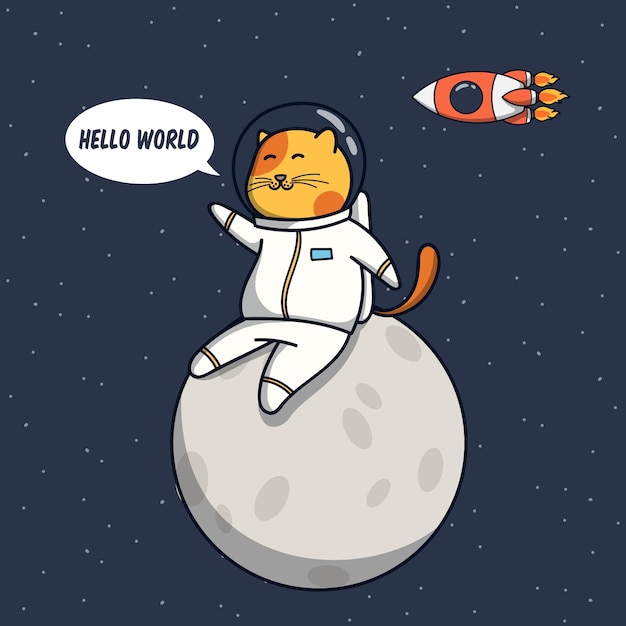 Illustration D Astronaute Chat Drole S Asseoir Sur La Lune Vecteur Premium