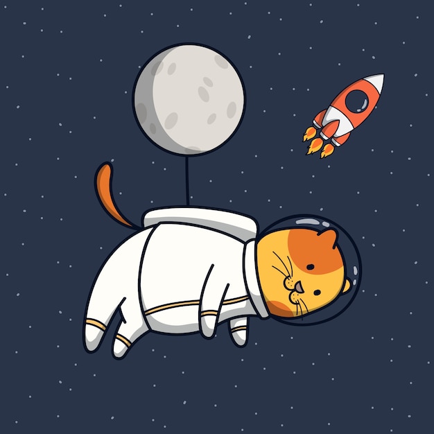 Illustration D Astronaute Drole De Chat Avec Ballon De Lune Vecteur Premium