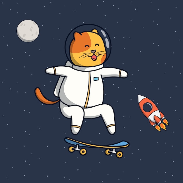 Illustration D Astronaute Drole De Chat Jouant A La Planche A Roulettes Vecteur Premium