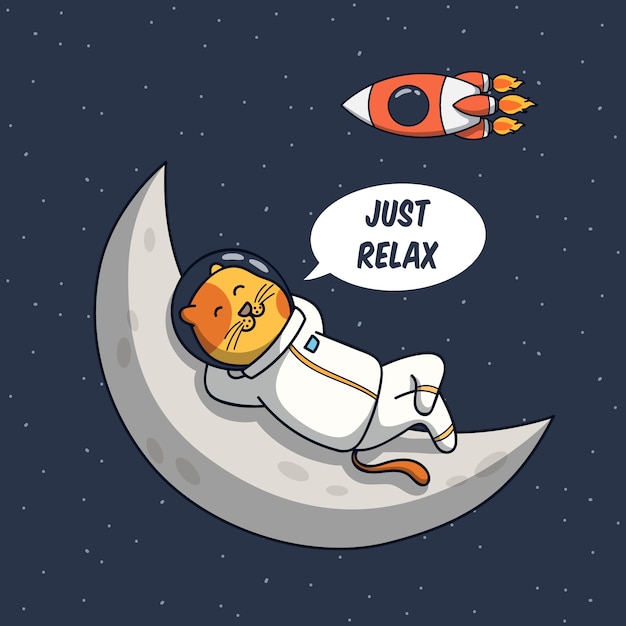 Illustration D Astronaute Drole De Chat Se Detendre Sur La Lune Vecteur Premium