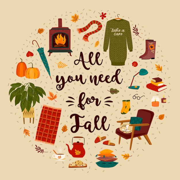 Illustration d'automne avec de jolies choses mignonnes pour l'automne Vecteur Premium