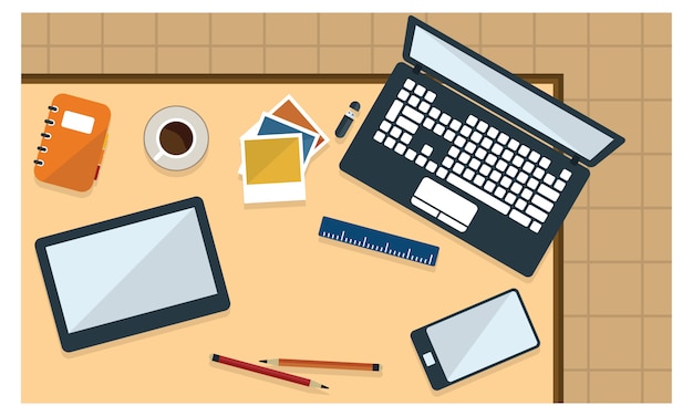 Illustration de bureau et de papeterie en vue de dessus de style plat Vecteur Premium