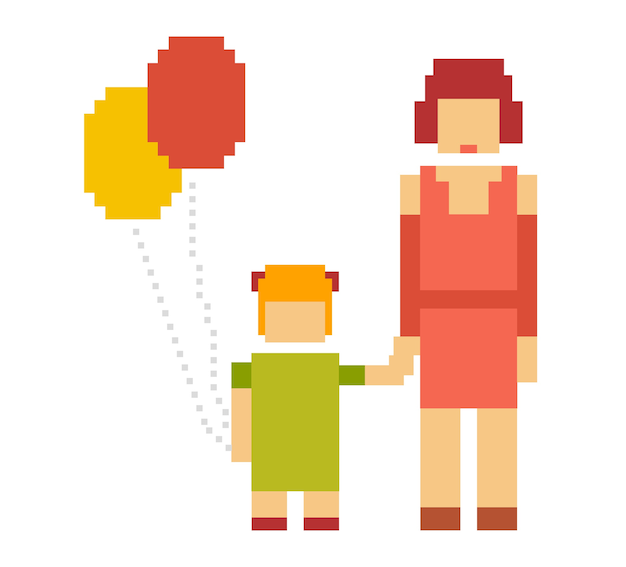 Illustration Coloree De Petite Fille Et Femme Couple De Famille Heureux Maman Et Fille Ensemble Pixel Art Retro De La Relation Entre La Mere Et La Fille Vecteur Premium