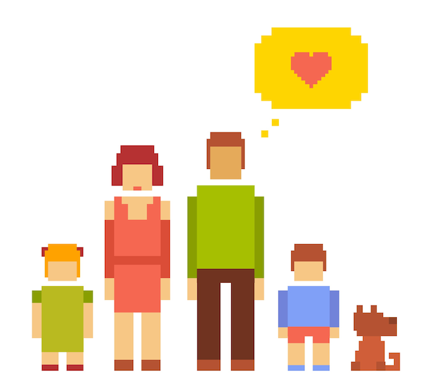 Illustration Coloree De Petite Fille Garcon Chien Femme Et Homme Couple De Famille Heureuse Sur Fond Blanc Famille De Personnes Typiques Ensemble Pixel Art Retro De La Famille Moderne Vecteur Premium