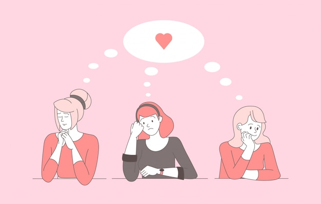 Illustration De Contour De Dessin Anime De Femmes Solitaires Tristes Dames Contrariees Avec Un Cœur Brise