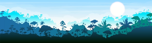 Illustration Couleur De La Jungle Paysage De Foret Bleue Bois Panoramiques Lumineux Nature Pittoresque Tropicale Environnement Idyllique Paysage De Dessin Anime De Foret Tropicale Avec Des Couches Sur Fond Vecteur Premium