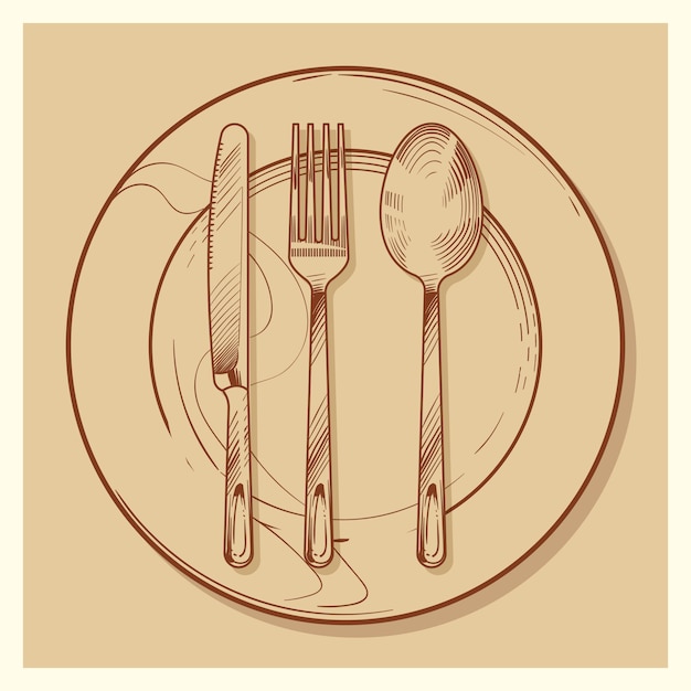 Illustration De Couverts Et Assiette Vintage à La Main Esquissée