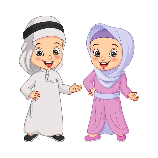 Illustration De Dessin Anime Heureux Enfants Arabes Musulmans Vecteur Premium