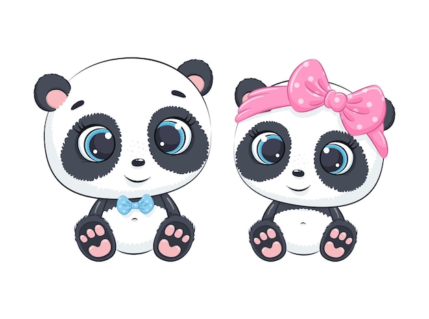 Illustration De Dessin Anime Mignon Bebe Garcon Et Bebe Fille Panda Vecteur Premium