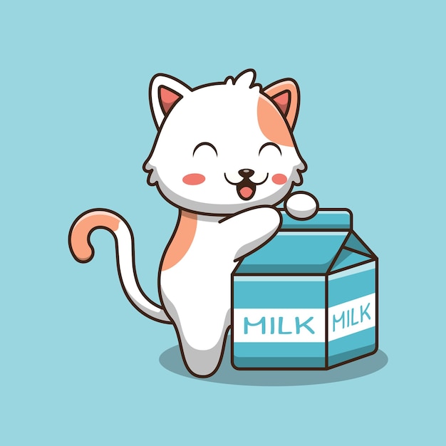 Illustration De Dessin Anime Mignon Chat Et Lait Vecteur Premium