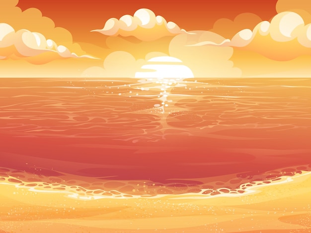 Illustration De Dessin Anime D Un Soleil Cramoisi Lever Ou Coucher De Soleil Sur La Mer Vecteur Premium