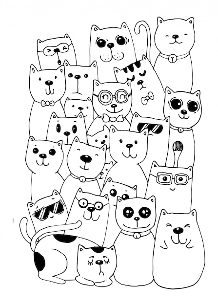 Illustration De Doodles De Style De Personnages De Chat A Colorier Pour Les Enfants Vecteur Premium