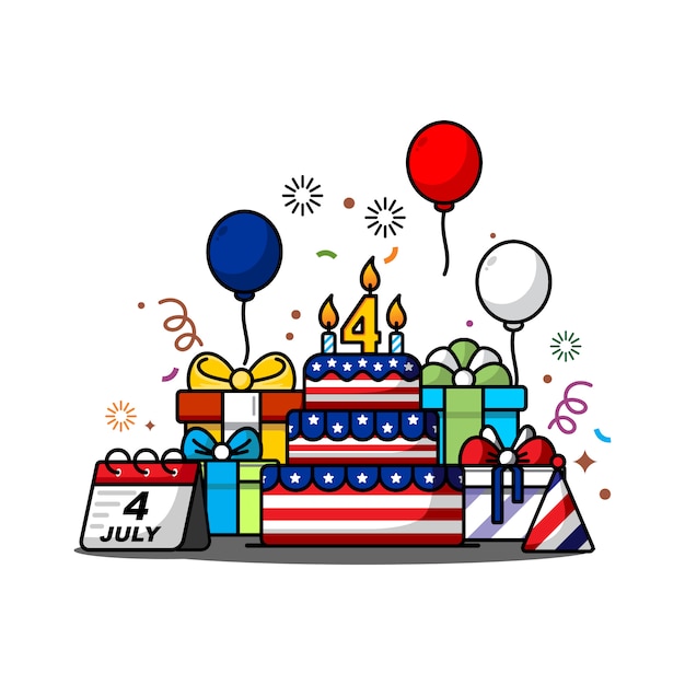 Illustration Du Jour De L Independance 4 Juillet Avec Le Theme Du Drapeau Americain Des Ballons Des Horizons Et Des Cadeaux D Anniversaire Vecteur Premium