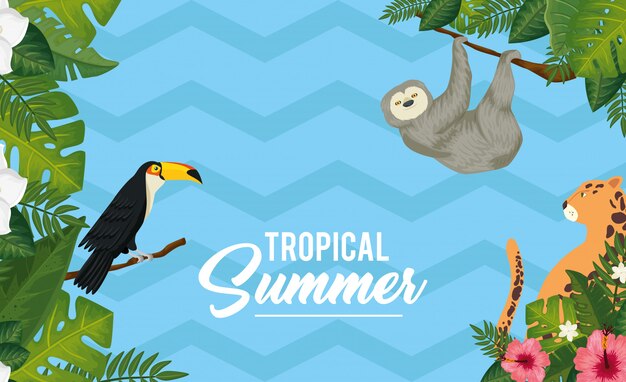 Vecteur Premium Illustration D Ete Tropical Avec Des Animaux Exotiques Et Des Feuilles