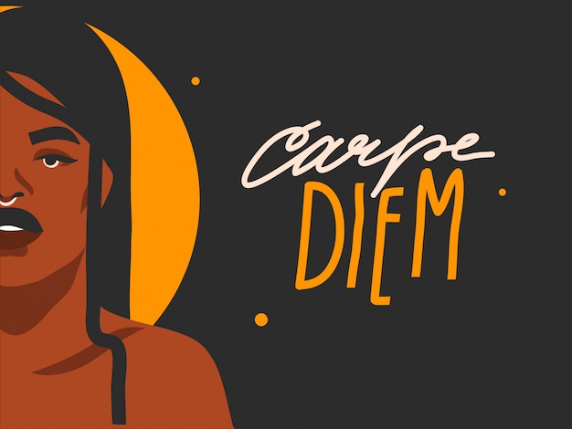 Illustration Avec Une Femme Pleine Lune Doree Et Citation De Lettrage Manuscrit Carpe Diem Isole Sur Fond Noir Vecteur Premium