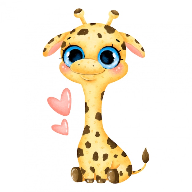 Illustration D Une Girafe Bebe Dessin Anime Mignon Avec De Grands Yeux Et Coeurs Isoles Vecteur Premium