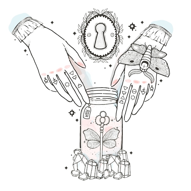 Illustration graphique esquisse avec symboles dessinés à la main occulte et mystique. les mains atteignent les clés pour ouvrir le trou de la serrure. Vecteur Premium