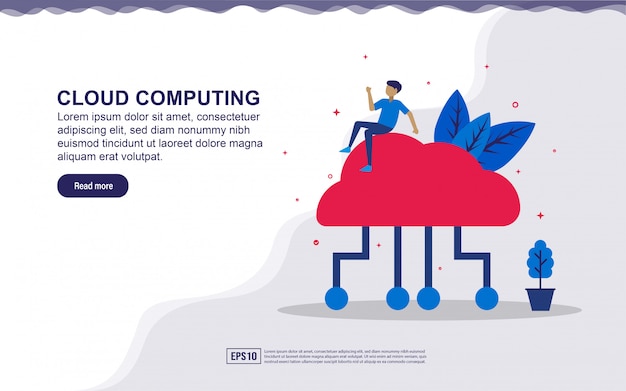 Illustration de l'informatique en nuage et internet de chose avec les gens. illustration pour la page de destination, le contenu des médias sociaux, la publicité. Vecteur Premium