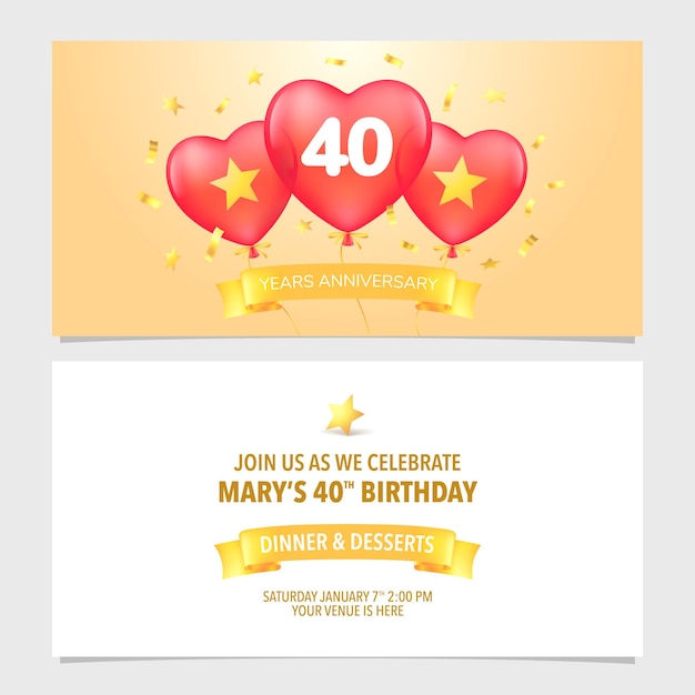 Illustration D Invitation Anniversaire 40 Ans Element De Modele De Conception Avec Un Fond Romantique Elegant Pour Le 40e Mariage Carte De Mariage Ou D Anniversaire Invitation A Une Fete Vecteur Premium