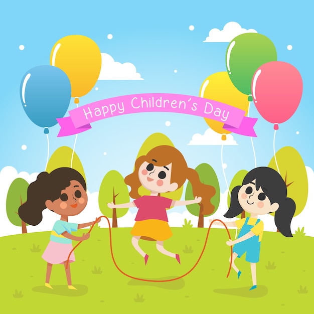 Illustration de jour heureux enfants avec groupe de fille joue ensemble Vecteur Premium