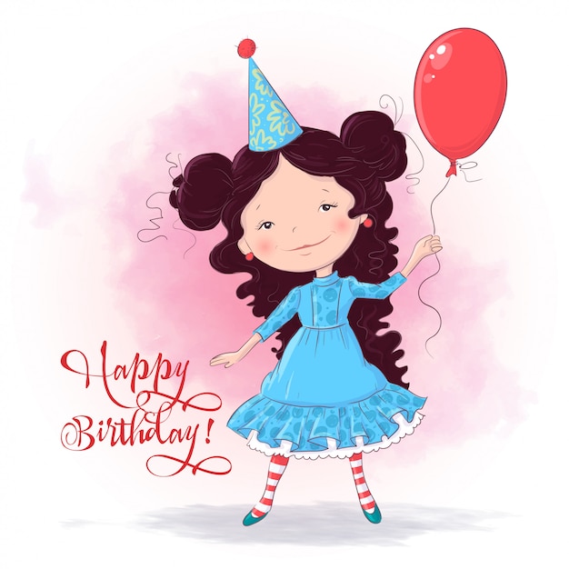 Illustration De Joyeux Anniversaire Avec Une Jolie Fille Avec Ballon Dessin A Main Levee Style De Bande Dessinee Vecteur Premium